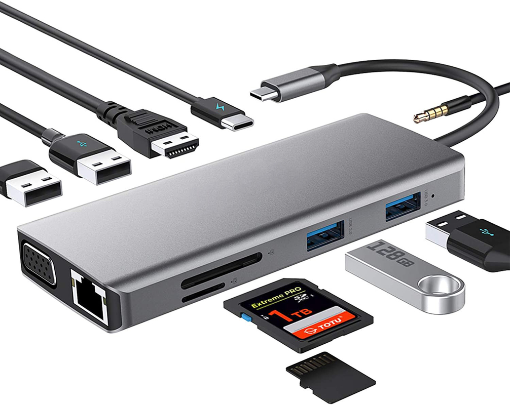 USB C Hub Type-C à USB 3.0 HDMI VGA RJ45 Lan SD TF Audio Adaptateur multiport USB gris