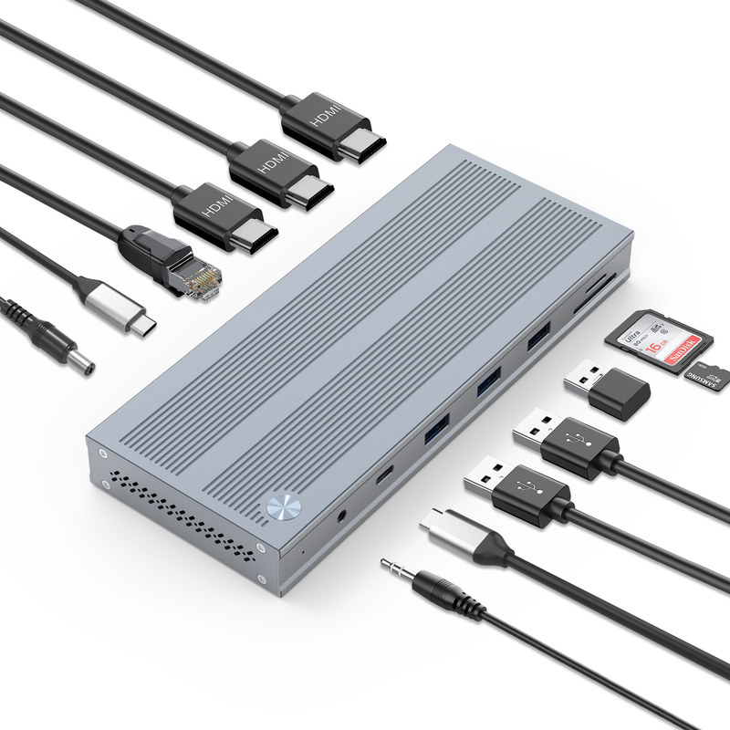 14 en 1 Station d'accueil USB-C avec Displaylink IC de type C à HDMI Prend en charge des moniteurs triple jusqu'à 4K Alliage d'aluminium et ABS