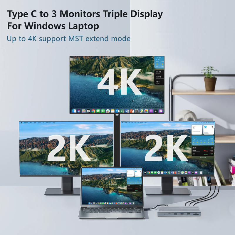 14 en 1 Station d'accueil USB-C avec Displaylink IC de type C à HDMI Prend en charge des moniteurs triple jusqu'à 4K Alliage d'aluminium et ABS