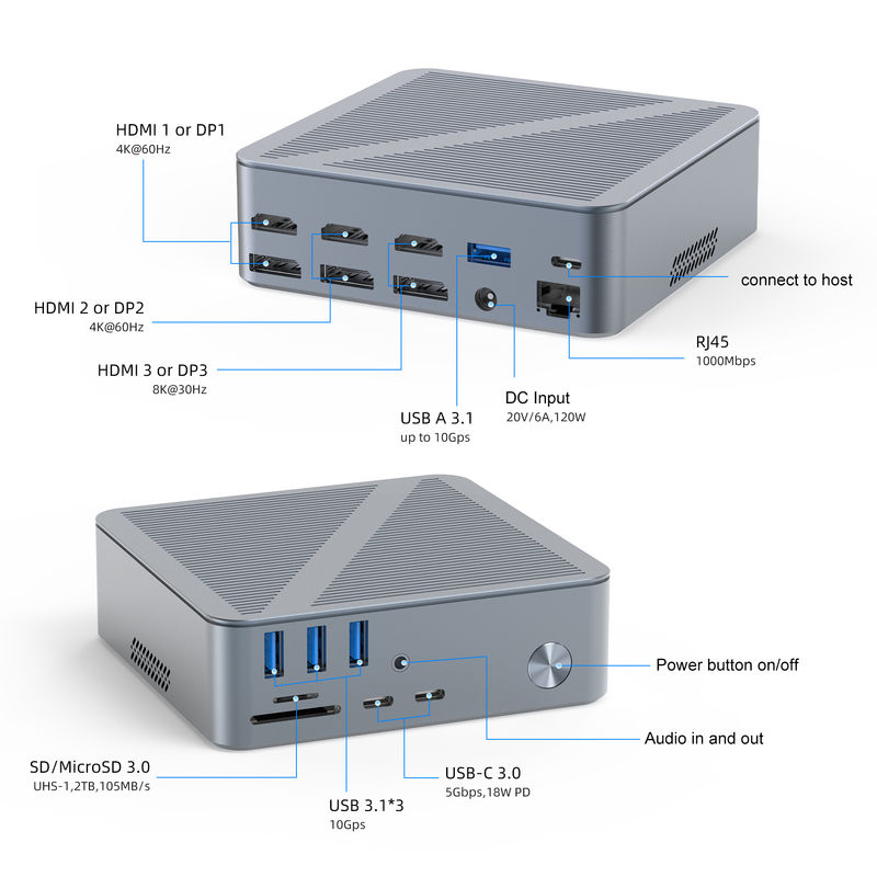 Station d'accueil USB-C pour ordinateur de bureau HDMI, résolution 4K, DisplayPort, USB C 3.1 pour ordinateur portable