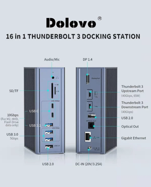 Station d'accueil Thunderbolt 3 16-en-1 avec sortie DP1.4 à vitesse de 40 Gbit/s et charge PD de 65 W